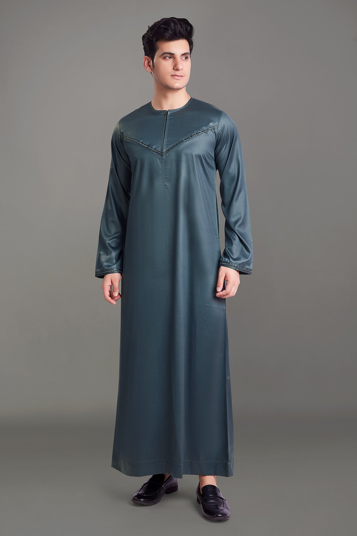 Dark Grey Shiny Omani Thobe With Front Zip-almanaar Islamic Store