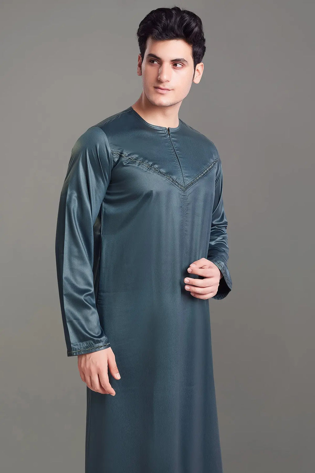 Dark Grey Shiny Omani Thobe With Front Zip-almanaar Islamic Store