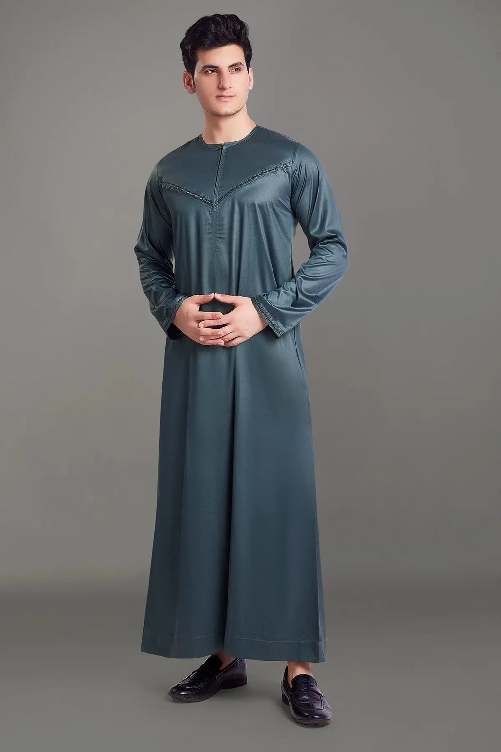 Dark Grey Shiny Omani Thobe With Front Zip-almanaar Islamic Store