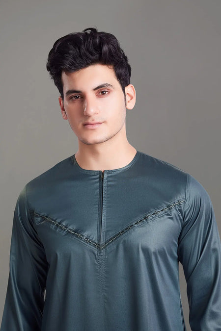 Dark Grey Shiny Omani Thobe With Front Zip-almanaar Islamic Store