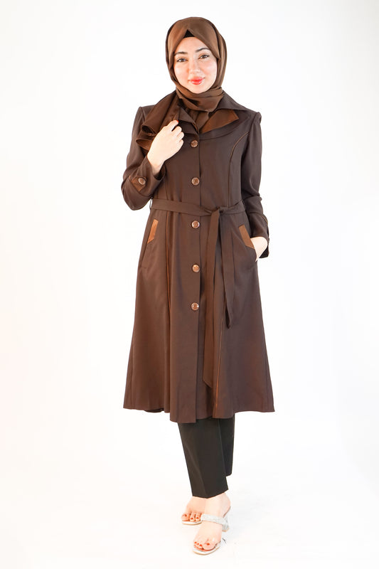  Dark Brown Short Coat with Fancy Button and Pocket | Almanaar Islamic Store