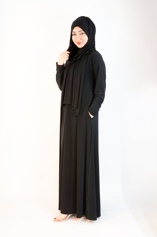 Black Flared Umbrella Plain Jersey Abaya | Almanaar Islamic Store