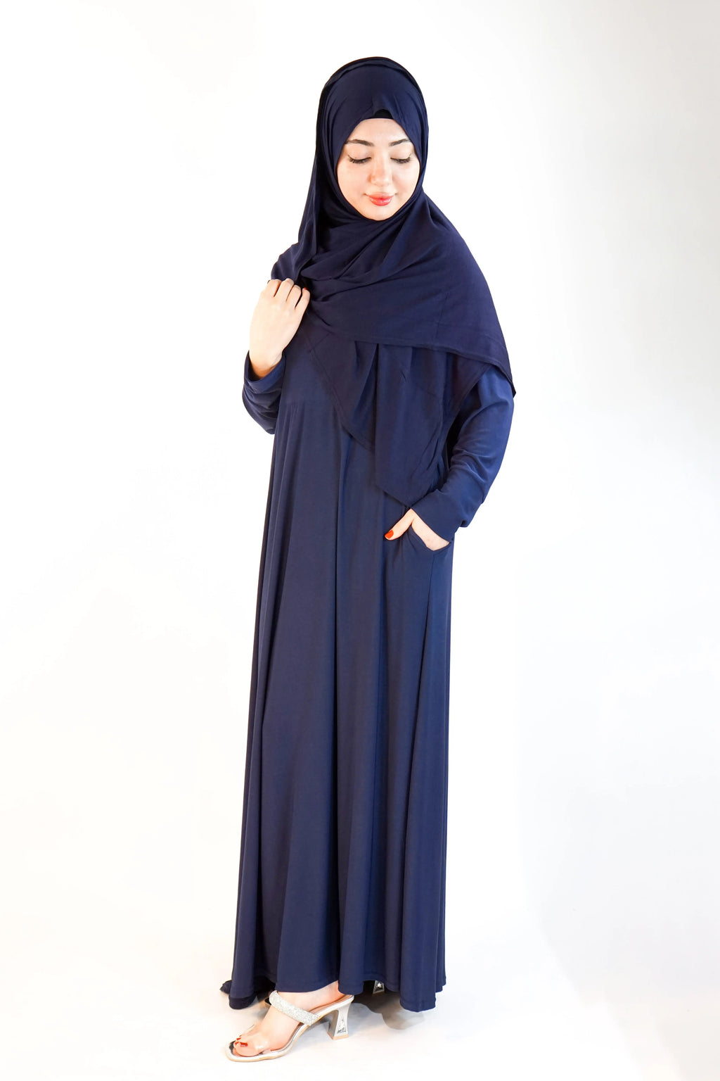 Navy Flared Plain Jersey Abaya | Almanaar Islamic Store