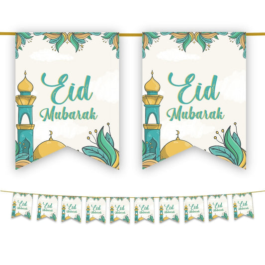 Eid Mubarak Bunting - Green & Gold Mosque Garden Flags Decoration-almanaar Islamic Store