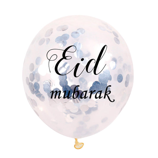Eid Mubarak Confetti Balloons Pack of 5 - Silver-almanaar Islamic Store