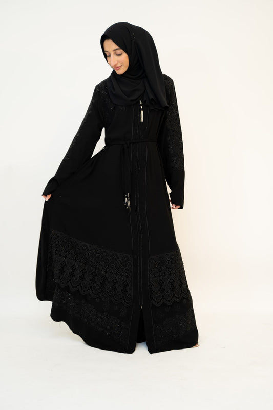 Full Zip Turkish Abaya With Heavy Shoulder And Bottom Work With Lace & Stones-almanaar Islamic Store
