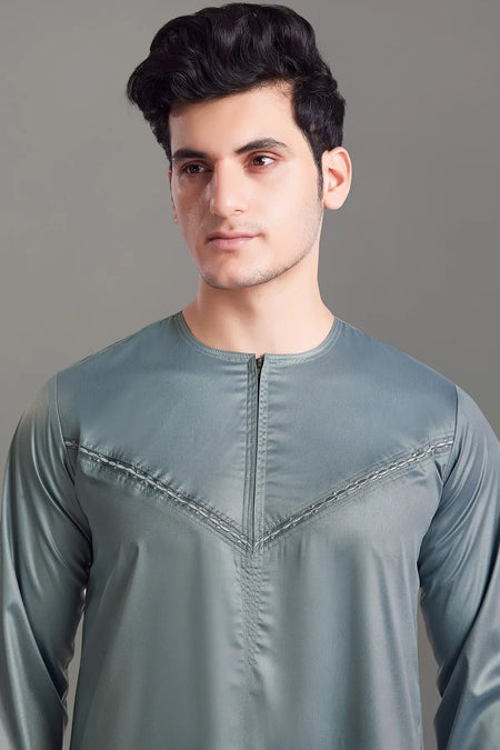 Grey Shiny Omani Thobe With Front Zip-almanaar Islamic Store