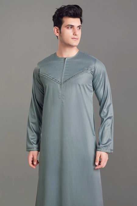 Grey Shiny Omani Thobe With Front Zip-almanaar Islamic Store