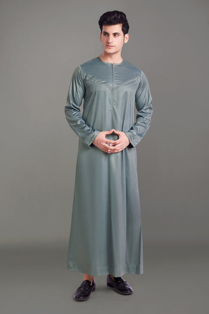 Grey Shiny Omani Thobe With Front Zip-almanaar Islamic Store