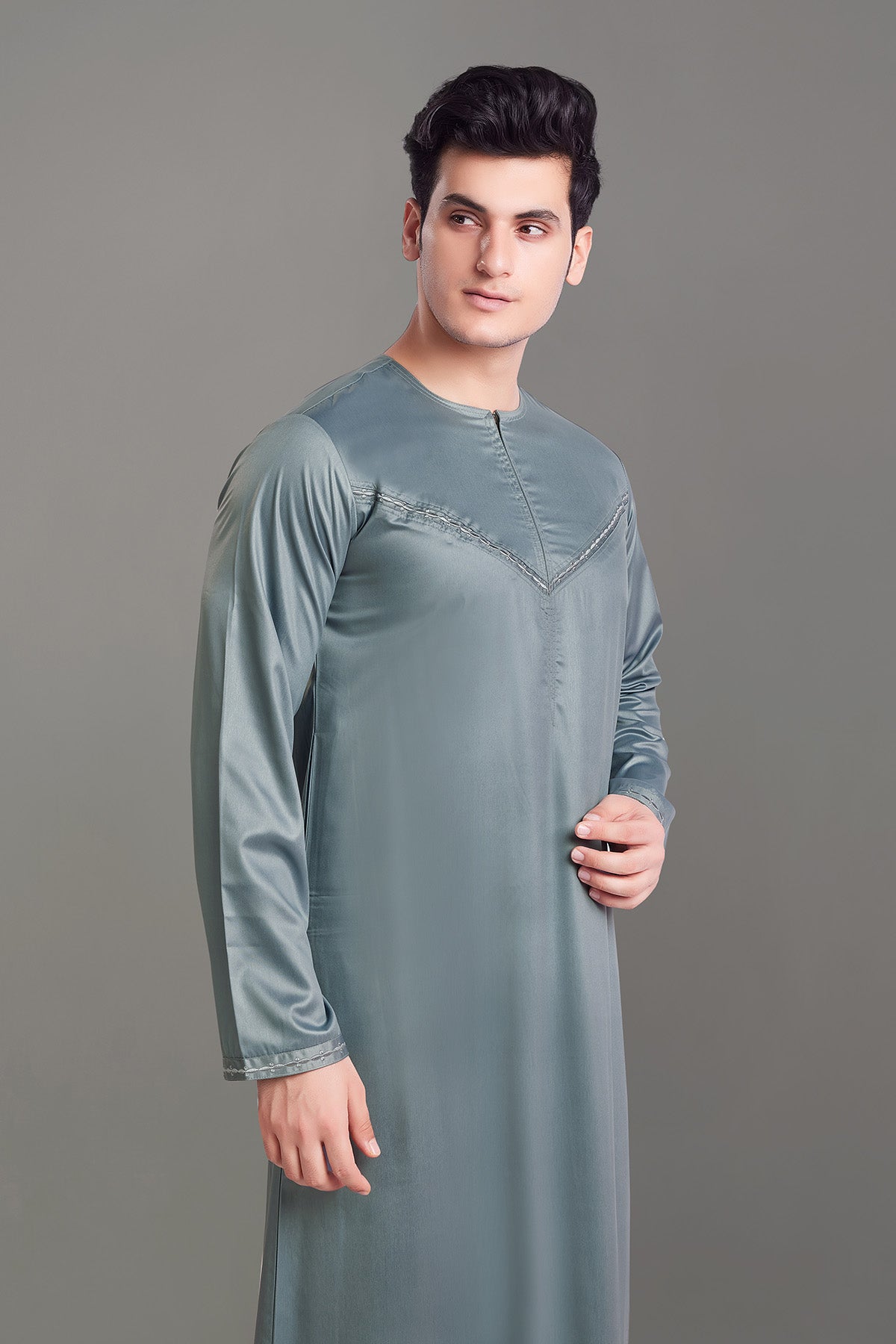 Grey Shiny Omani Thobe With Front Zip-almanaar Islamic Store