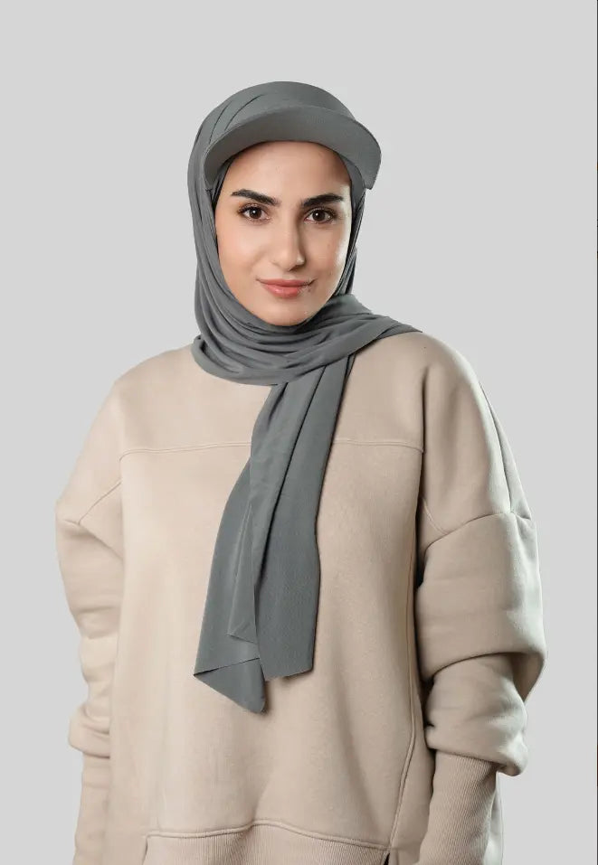 Ready-to-Wear Hijab with Cap Grey in Premium Sandy Fabric almanaar Islamic Store