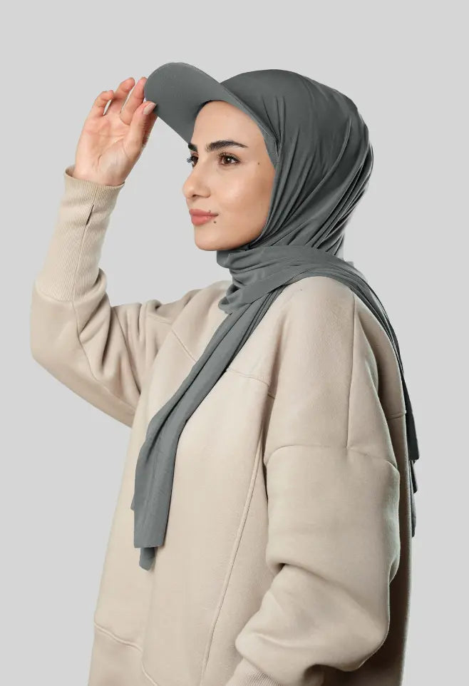 Ready-to-Wear Hijab with Cap Grey in Premium Sandy Fabric almanaar Islamic Store