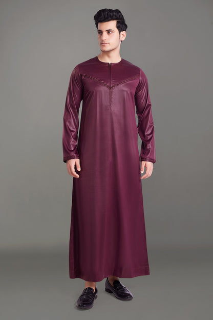 Maroon Shiny Omani Thobe With Front Zip-almanaar Islamic Store