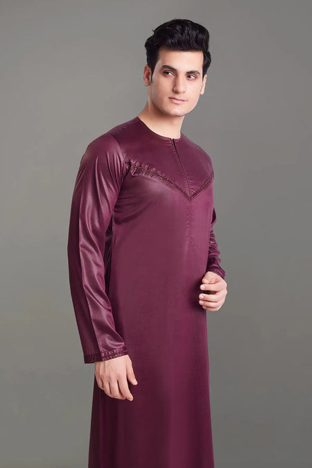 Maroon Shiny Omani Thobe With Front Zip-almanaar Islamic Store