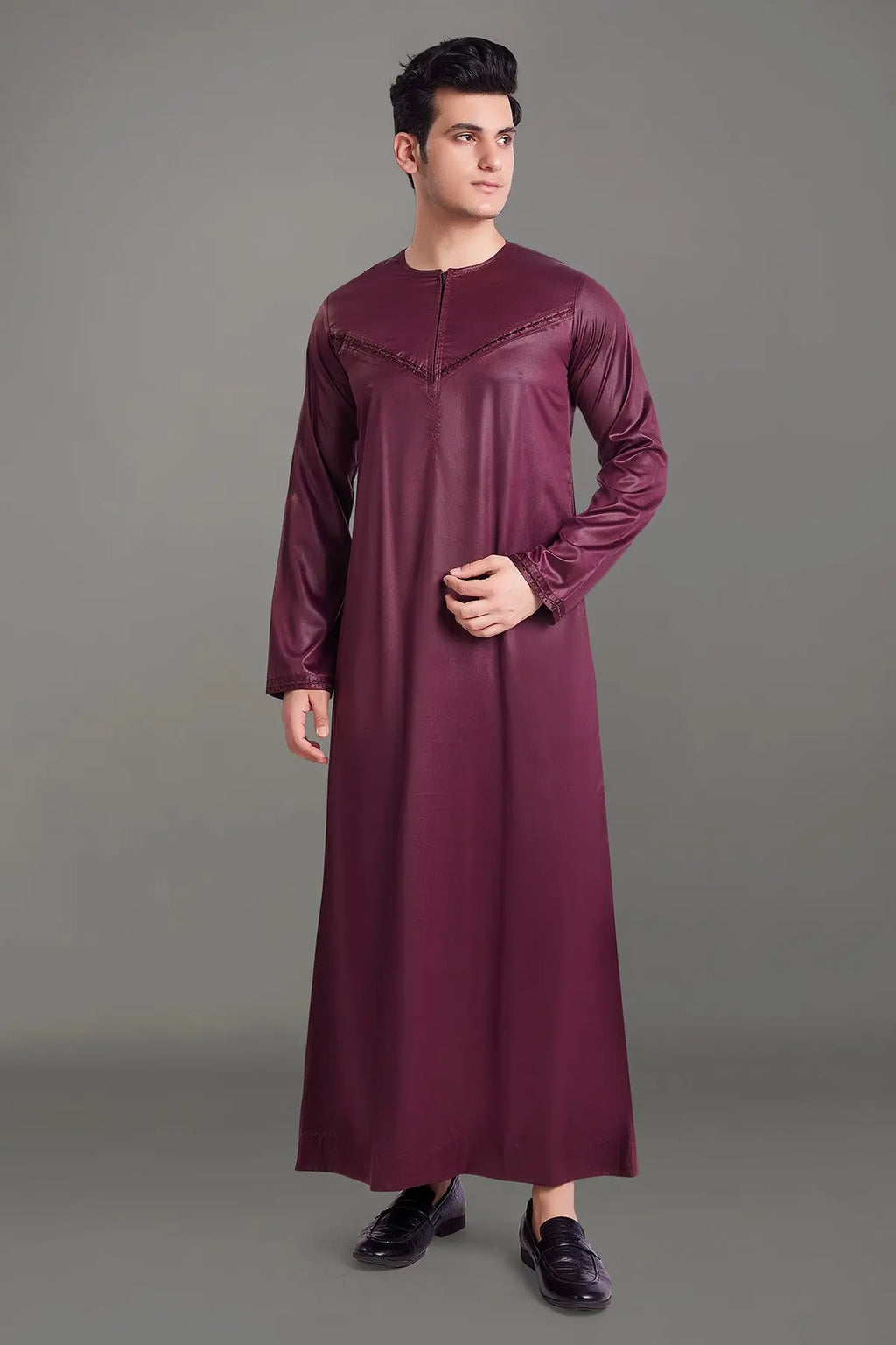 Maroon Shiny Omani Thobe With Front Zip-almanaar Islamic Store