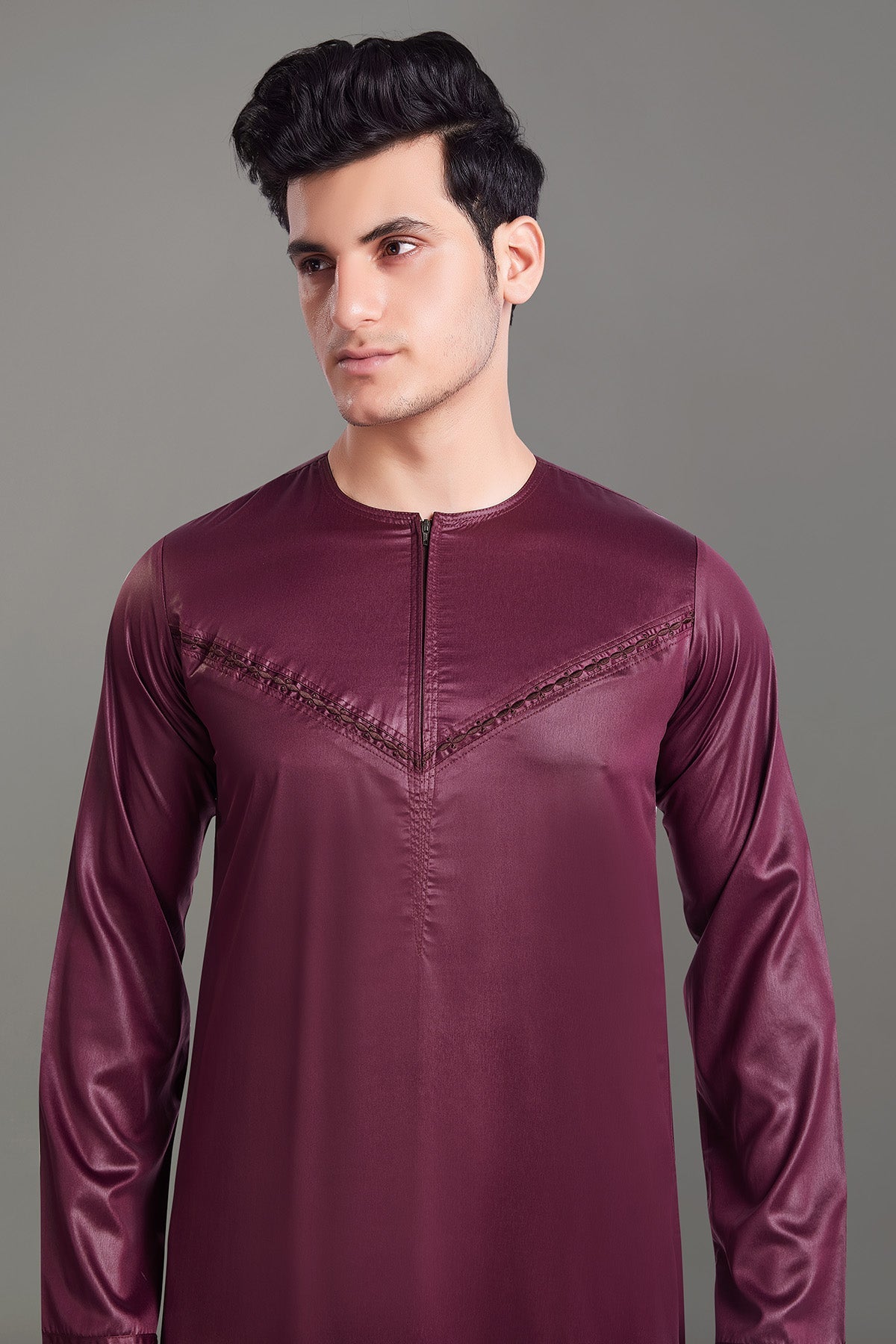 Maroon Shiny Omani Thobe With Front Zip-almanaar Islamic Store