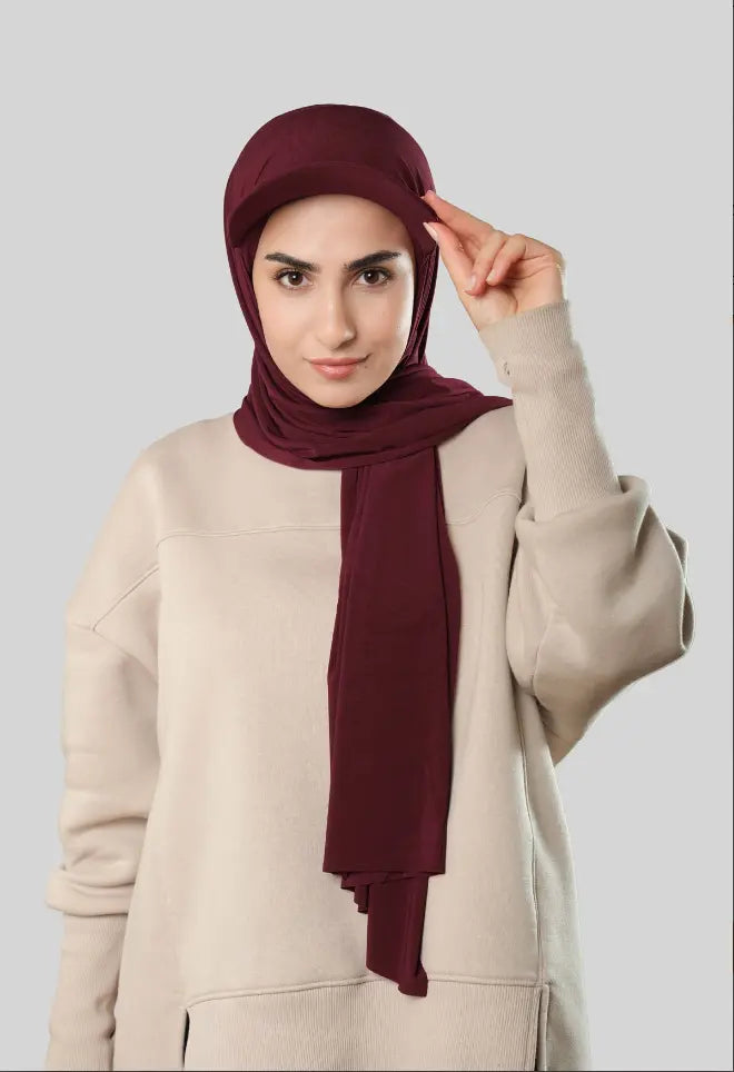 Ready-to-Wear Hijab with Cap Maroon in Premium Sandy Fabric almanaar Islamic Store