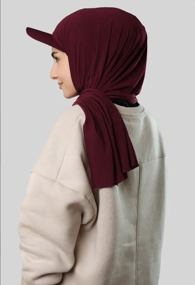 Ready-to-Wear Hijab with Cap Maroon in Premium Sandy Fabric almanaar Islamic Store