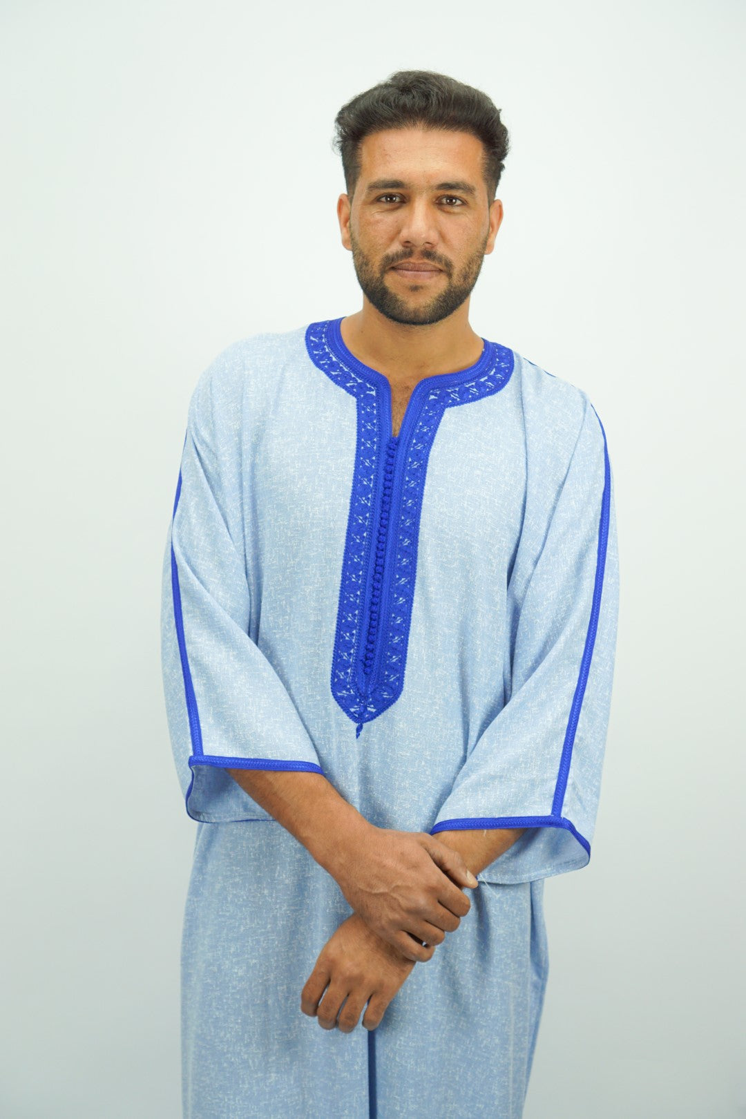 Sky Blue Moroccan Thobe with Blue Embroidery-almanaar Islamic Store