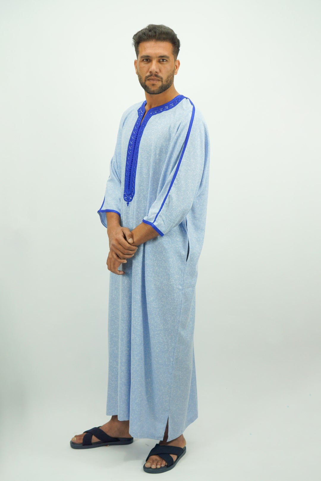 Sky Blue Moroccan Thobe with Blue Embroidery-almanaar Islamic Store