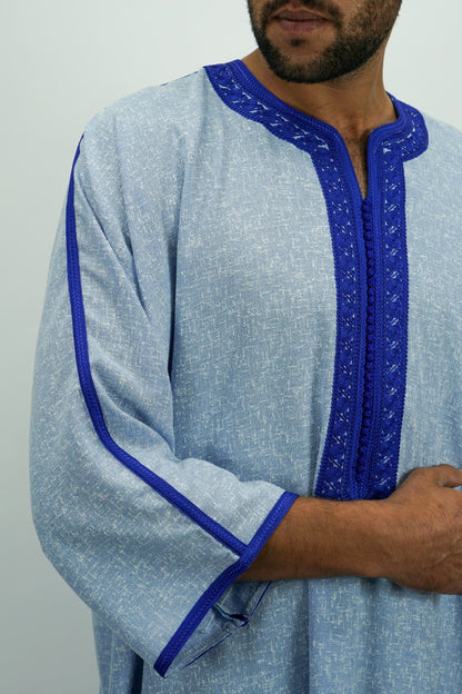 Sky Blue Moroccan Thobe with Blue Embroidery-almanaar Islamic Store