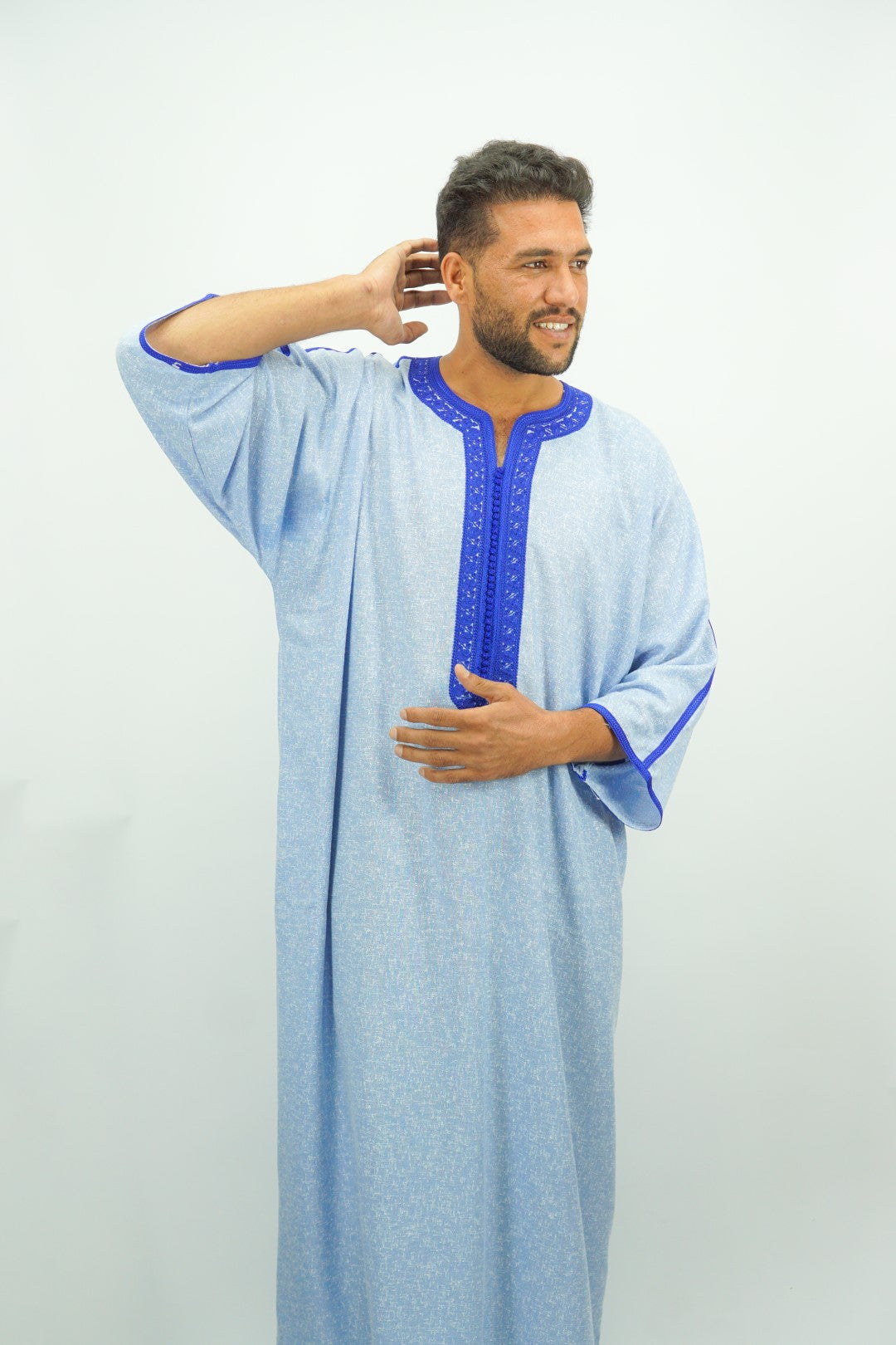 Sky Blue Moroccan Thobe with Blue Embroidery-almanaar Islamic Store