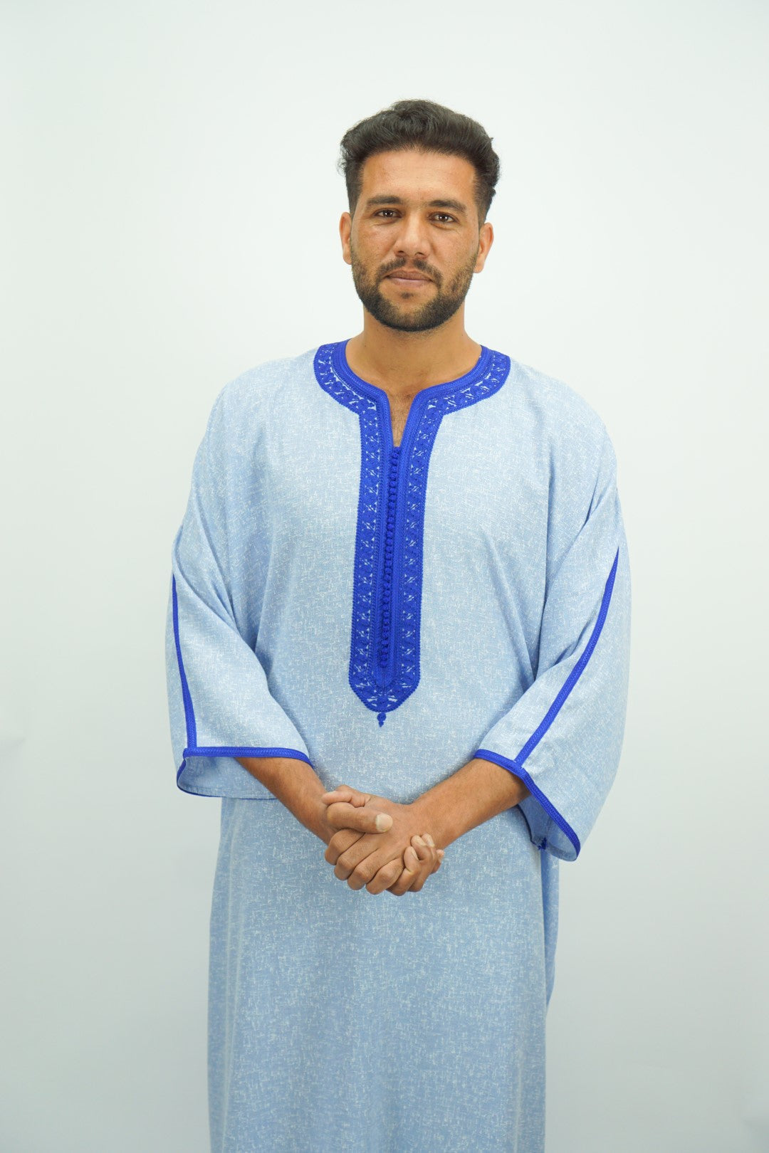 Sky Blue Moroccan Thobe with Blue Embroidery-almanaar Islamic Store