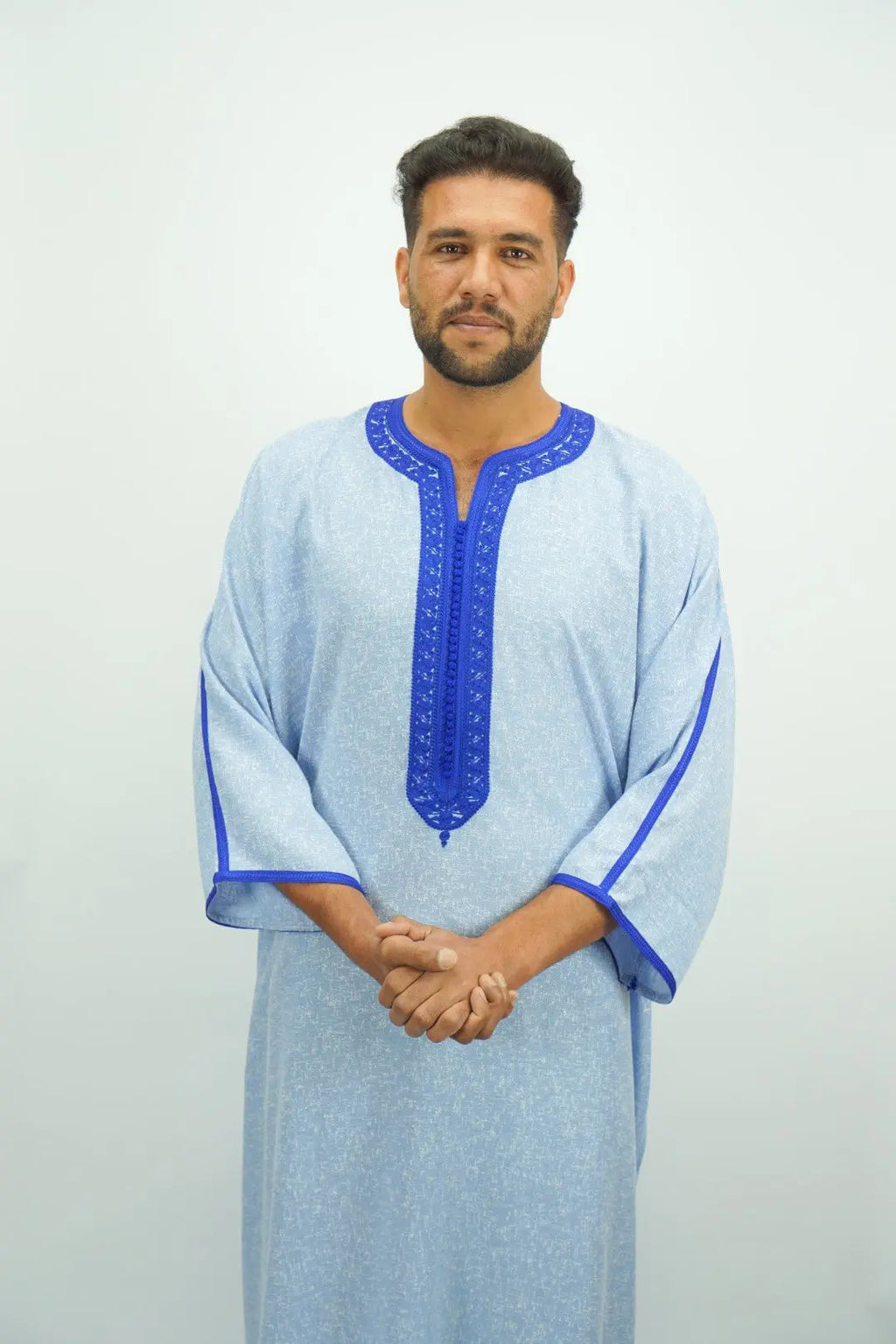 Sky Blue Moroccan Thobe with Blue Embroidery-almanaar Islamic Store