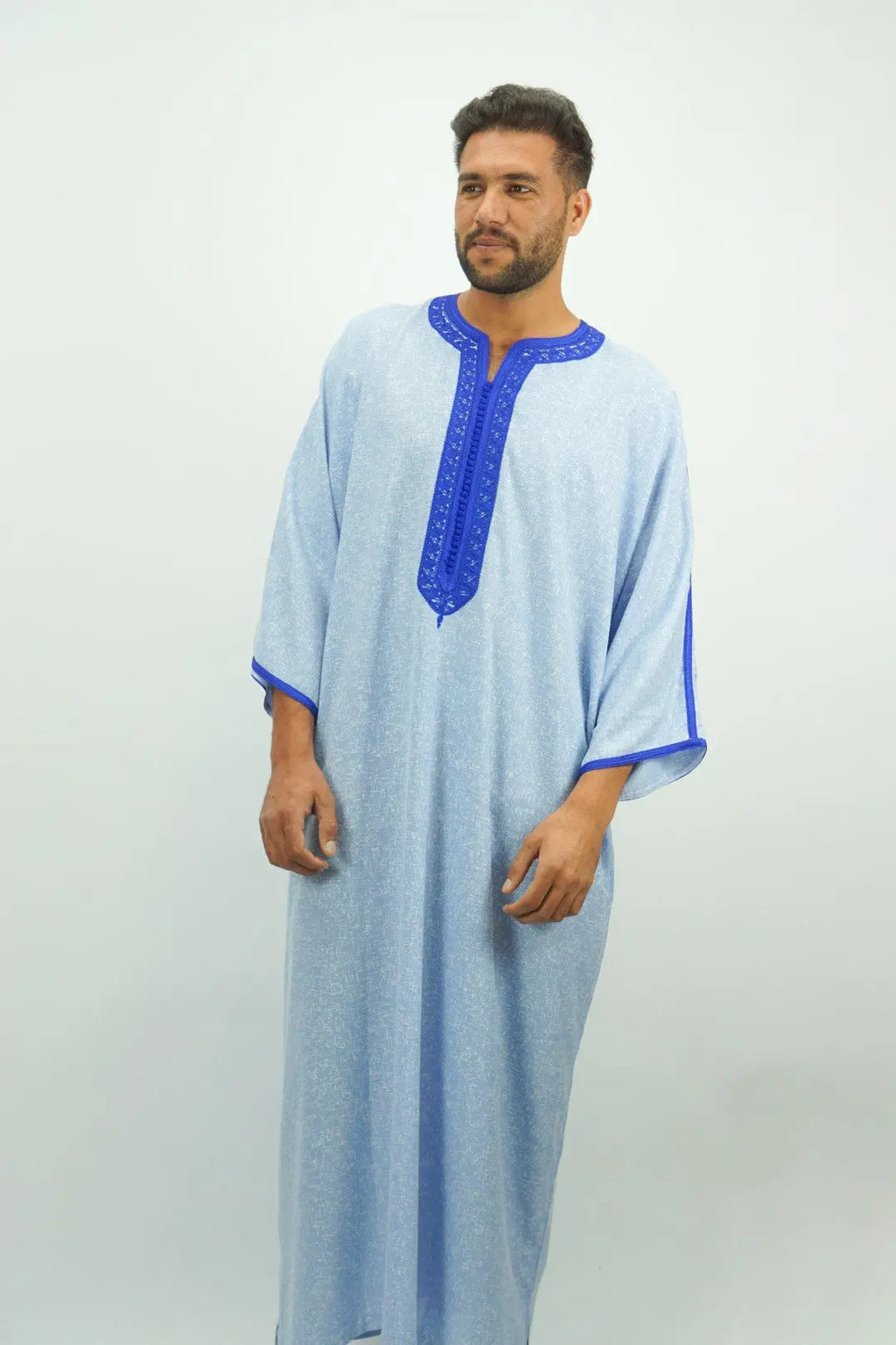 Sky Blue Moroccan Thobe with Blue Embroidery-almanaar Islamic Store