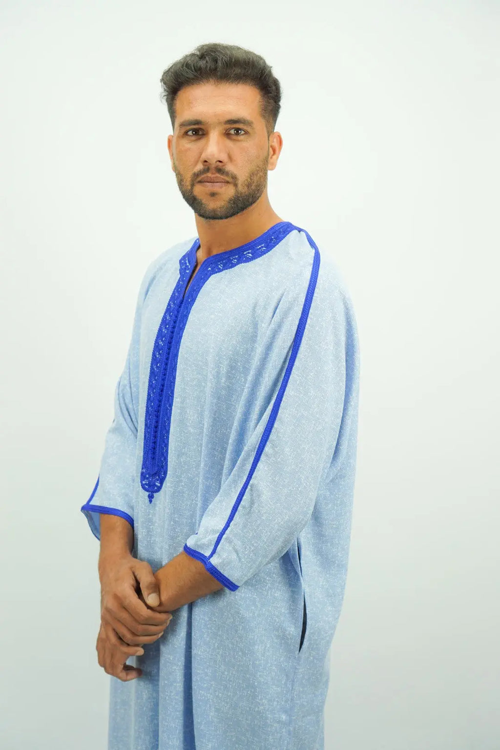 Sky Blue Moroccan Thobe with Blue Embroidery-almanaar Islamic Store