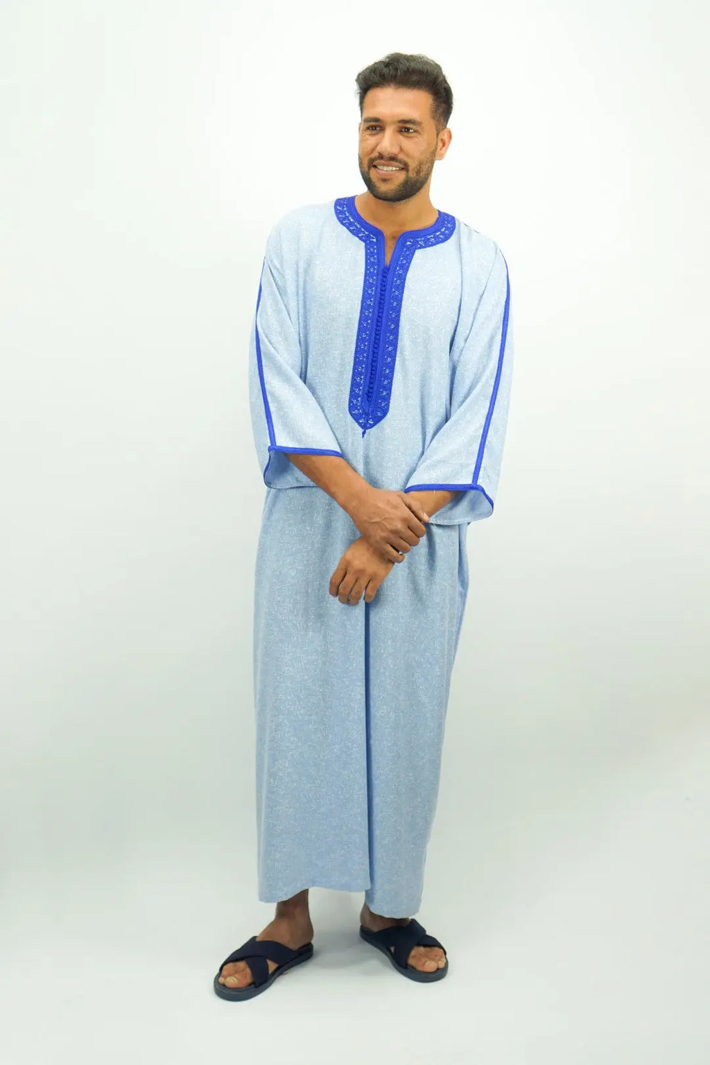 Sky Blue Moroccan Thobe with Blue Embroidery-almanaar Islamic Store