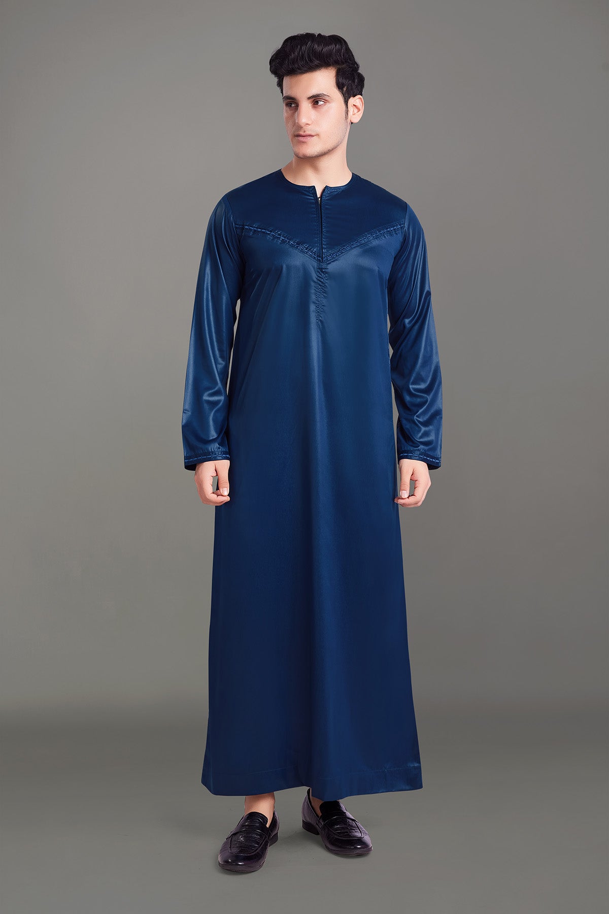 Navy Blue Shiny Omani Thobe With Front Zip-almanaar Islamic Store