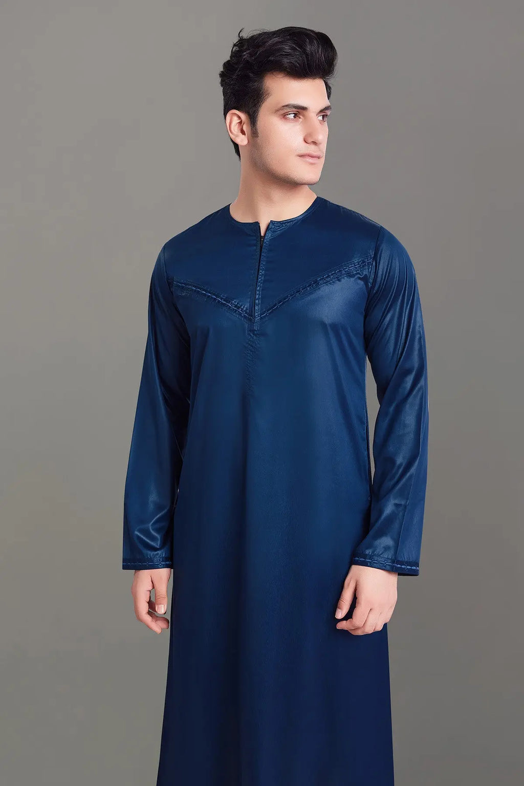 Navy Blue Shiny Omani Thobe With Front Zip-almanaar Islamic Store