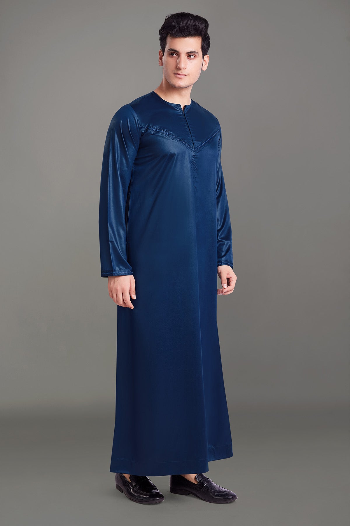 Navy Blue Shiny Omani Thobe With Front Zip-almanaar Islamic Store
