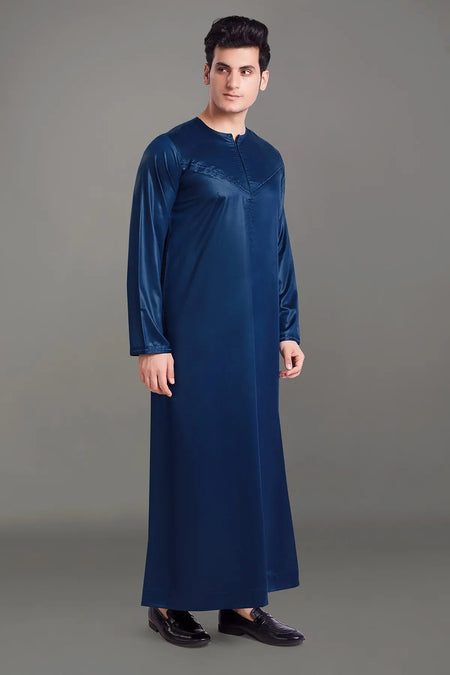 Navy Blue Shiny Omani Thobe With Front Zip-almanaar Islamic Store