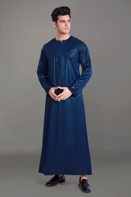 Navy Blue Shiny Omani Thobe With Front Zip-almanaar Islamic Store