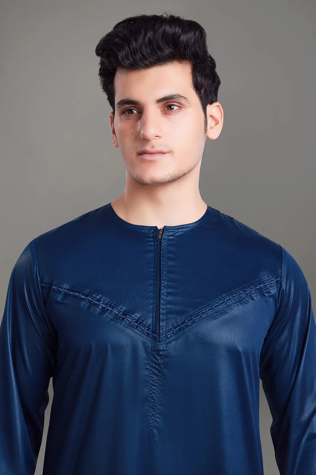 Navy Blue Shiny Omani Thobe With Front Zip-almanaar Islamic Store