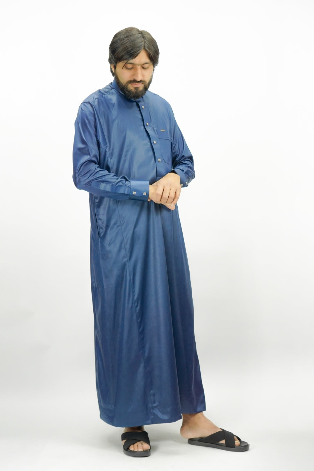 Navy Luxury Thobe With Premium Buttons-almanaar Islamic Store