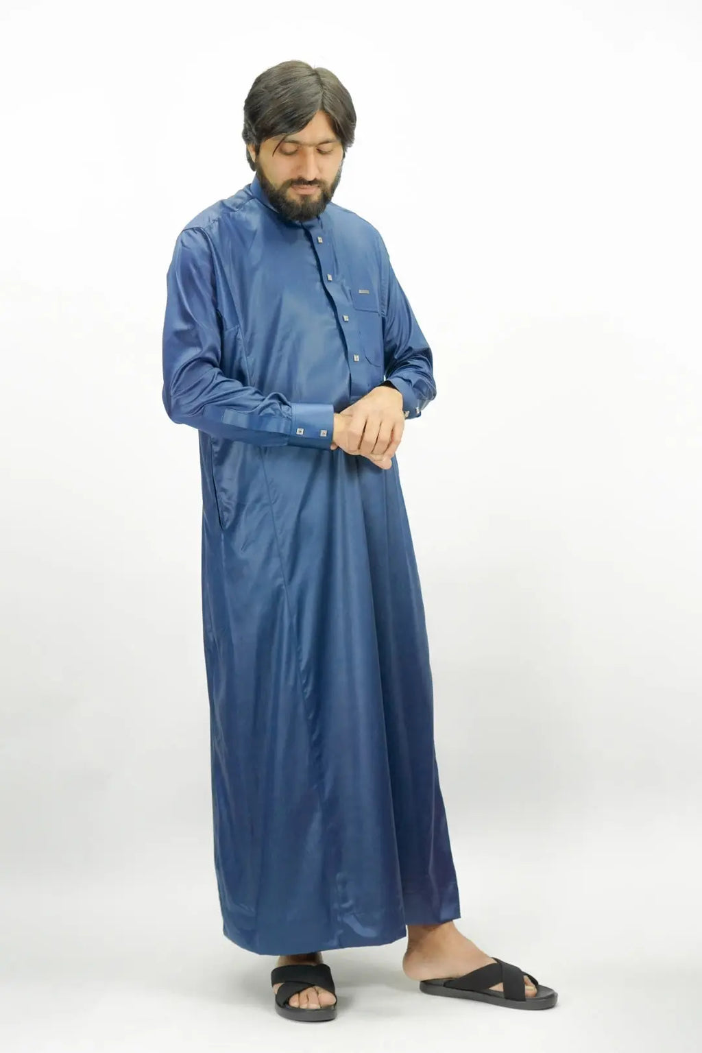 Navy Luxury Thobe With Premium Buttons-almanaar Islamic Store