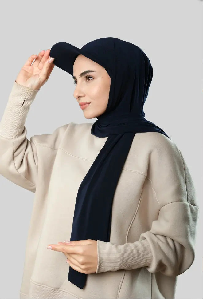 Ready-to-Wear Hijab with Cap Navy in Premium Sandy Fabric almanaar Islamic Store