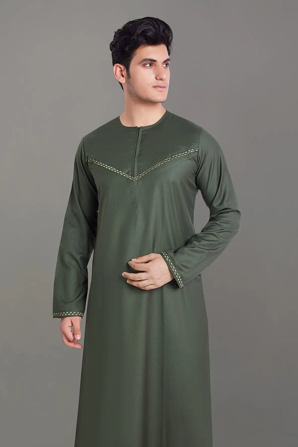 Olive Green Omani Thobe With Front Zip-almanaar Islamic Store