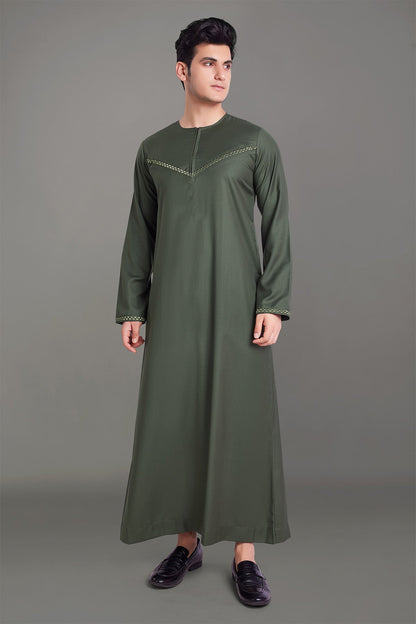 Olive Green Omani Thobe With Front Zip-almanaar Islamic Store