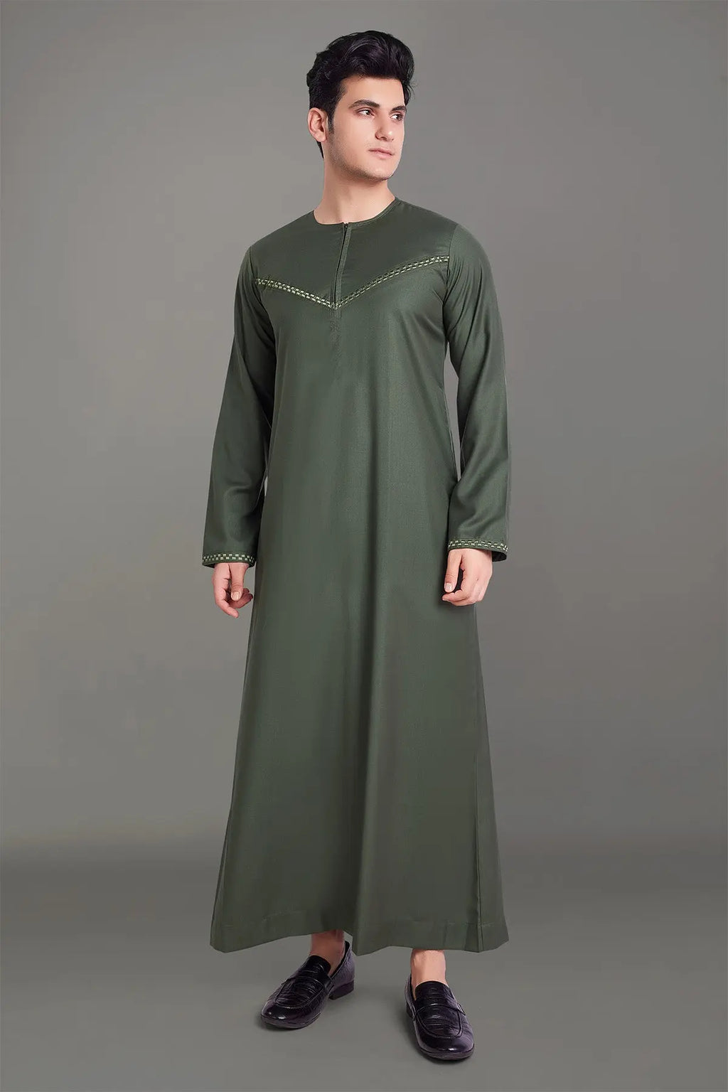 Olive Green Omani Thobe With Front Zip-almanaar Islamic Store