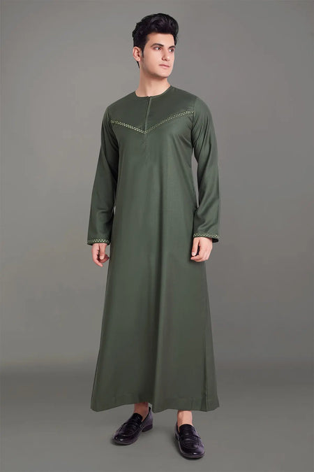 Olive Green Omani Thobe With Front Zip-almanaar Islamic Store