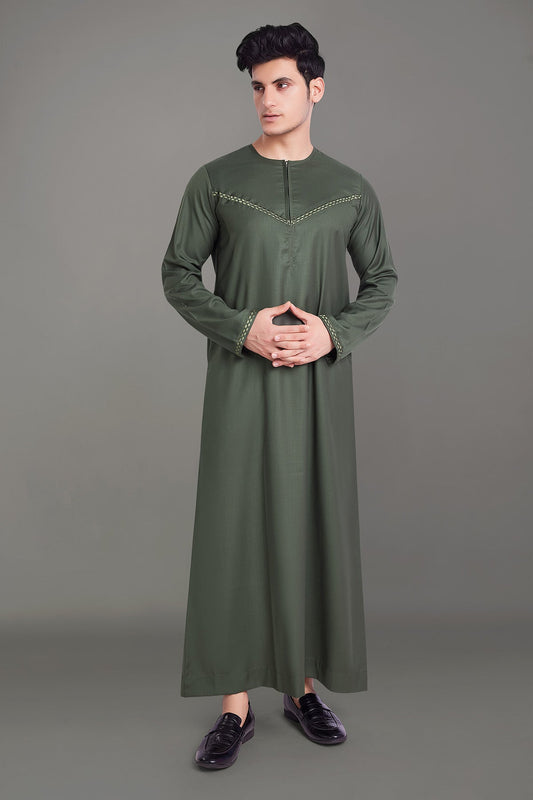 Olive Green Omani Thobe With Front Zip-almanaar Islamic Store