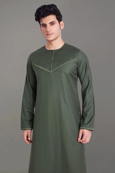 Olive Green Omani Thobe With Front Zip-almanaar Islamic Store