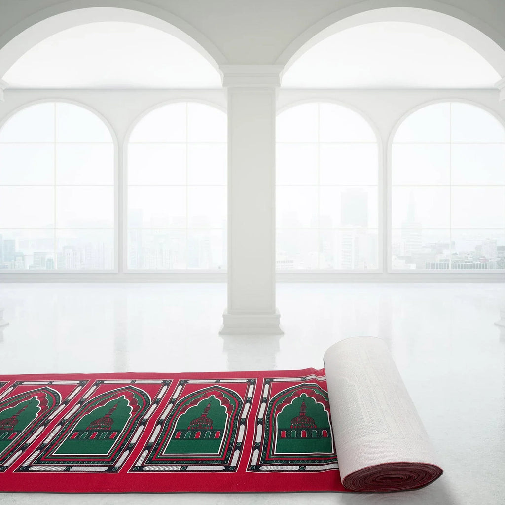 Premium Prayer Mat Fabric Roll – Red & Green Design - almanaar Islamic Store
