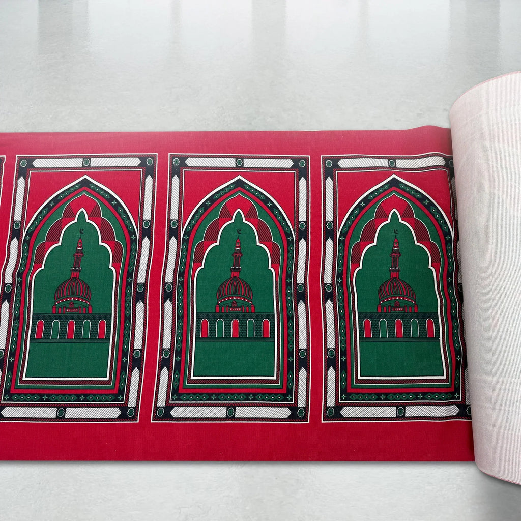 Premium Prayer Mat Fabric Roll – Red & Green Design - almanaar Islamic Store