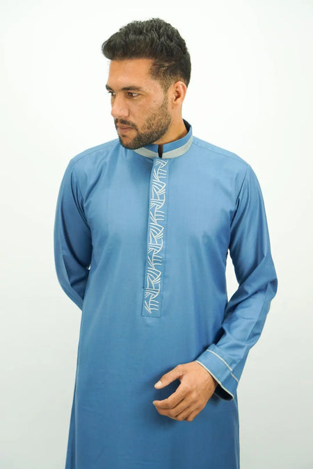 Sky Blue Luxury Thobe With Collar & Grey Embroidery-almanaar Islamic Store