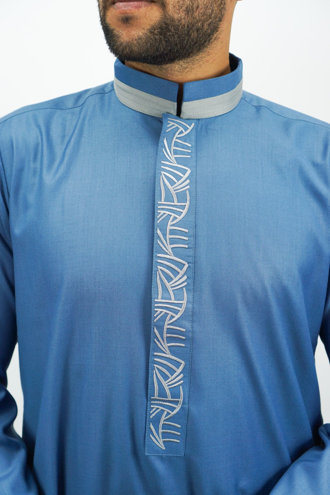 Sky Blue Luxury Thobe With Collar & Grey Embroidery-almanaar Islamic Store